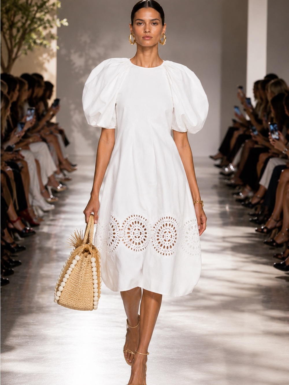 Stella McCartney White Puff-Sleeve Eyelet Midi Dress NWT Size 0 FR36